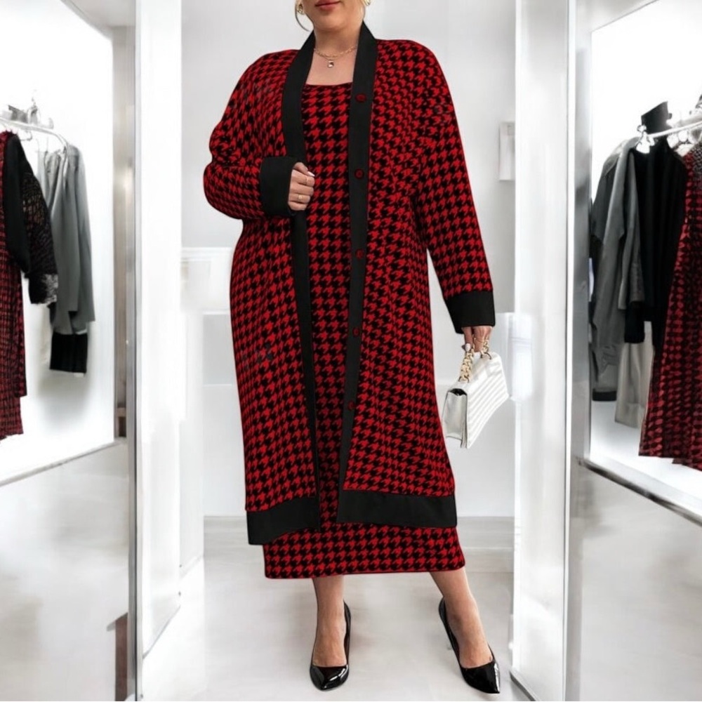 Two Piece Front Button Houndstooth Dress Set, US Size 18